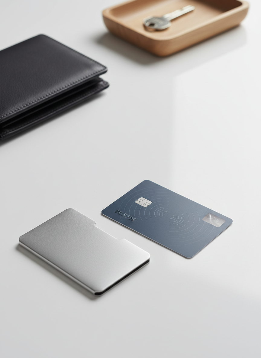 A close-up of a modern contactless bank card with a neutral, unbranded design and muted blue tones, placed on a clean white table beside a compact RFID-blocking card sleeve made of brushed metal. In the background, slightly out of focus, lies a closed wallet and a key tray, all arranged neatly. Soft studio lighting from above and slightly to the right highlights the embossed numbers while keeping them unreadable, and casts delicate shadows. Photographic realism, shot from a slightly elevated angle with a clean, professional aesthetic, emphasizing card protection and security awareness without suggesting any real banking actions or brands.