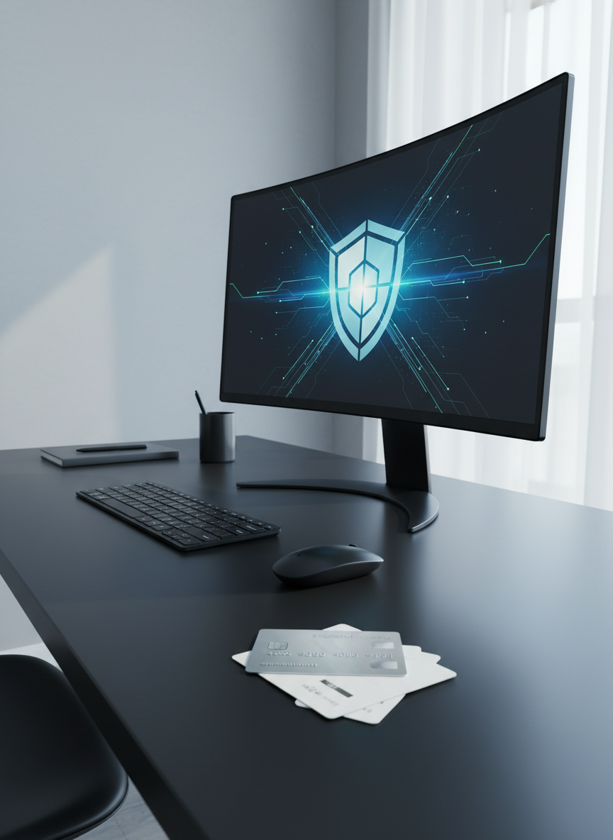 A clean, organized workspace with a large, ultra-thin monitor displaying an abstract security shield graphic, next to a wireless keyboard and mouse on a matte black desk surface. A closed, unbranded bank card sits in the foreground on top of a small stack of neutral-colored information leaflets with no readable text. Cool, diffused light from a large window to the right creates soft reflections and a professional, trustworthy atmosphere. Photographic realism, wide-angle shot at eye level with sharp focus throughout, presenting an educational environment about online banking safety and unknown device disconnection without depicting any actual login screens or transactions.