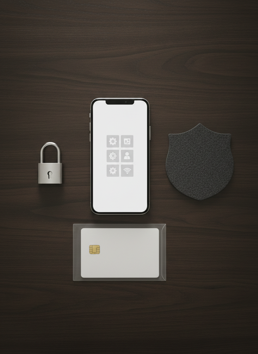 A detailed overhead view of a smartphone placed at the center of a dark wooden table, surrounded by symbolic security elements: a small metal padlock, a minimalist shield-shaped coaster, and a neutral, unbranded bank card partially inserted into a plain protective sleeve. The phone screen shows only a generic settings-style interface with simple icons and no readable text or branding. Soft top-down studio lighting creates gentle, even illumination with subtle shadows around each object, giving a controlled, analytical mood. Photographic realism with clear, crisp focus and a balanced composition, illustrating the concept of managing and removing unrecognized devices and safeguarding card data in an educational context.